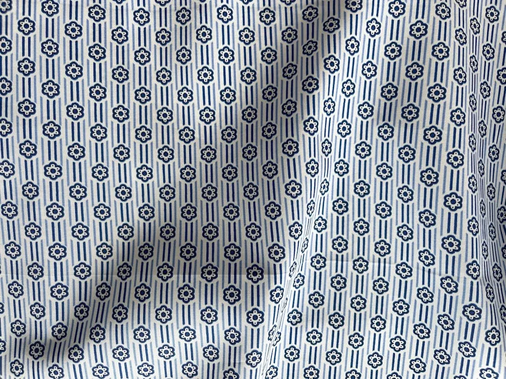 1930s-inspired Powder Blue Stripped Floral Cotton Shirting (Made in Italy)