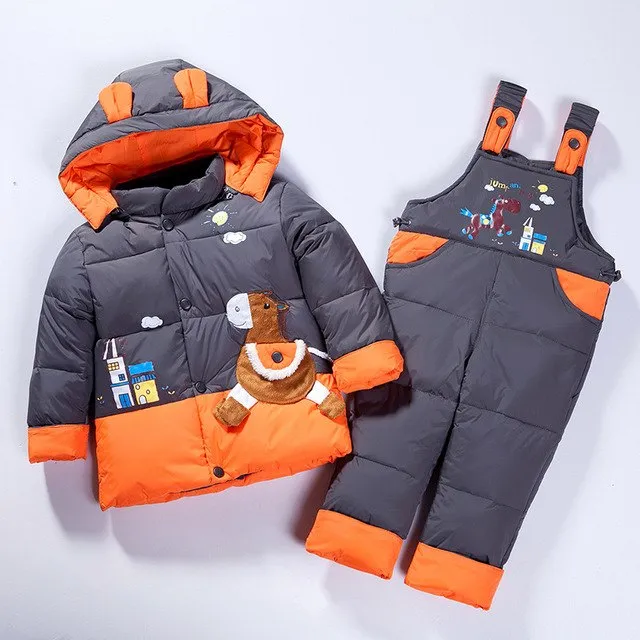 2018 New kids winter suits horse Children's boys girls duck down Outerwear&Coats bib down pants 2pcs