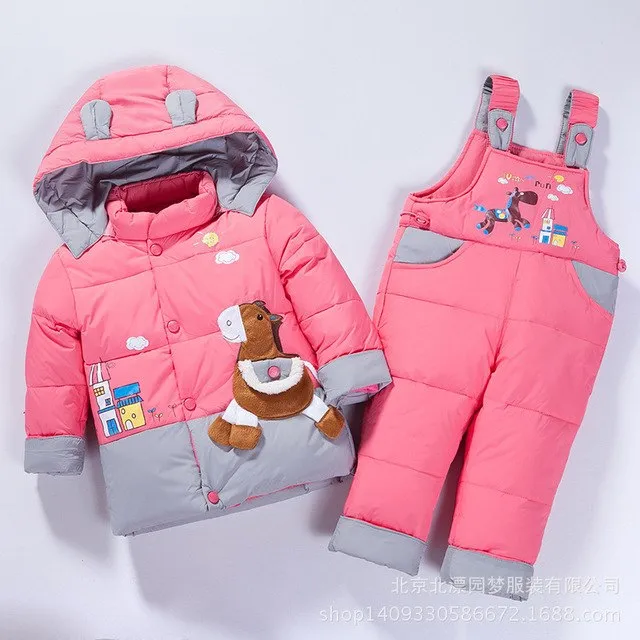 2018 New kids winter suits horse Children's boys girls duck down Outerwear&Coats bib down pants 2pcs