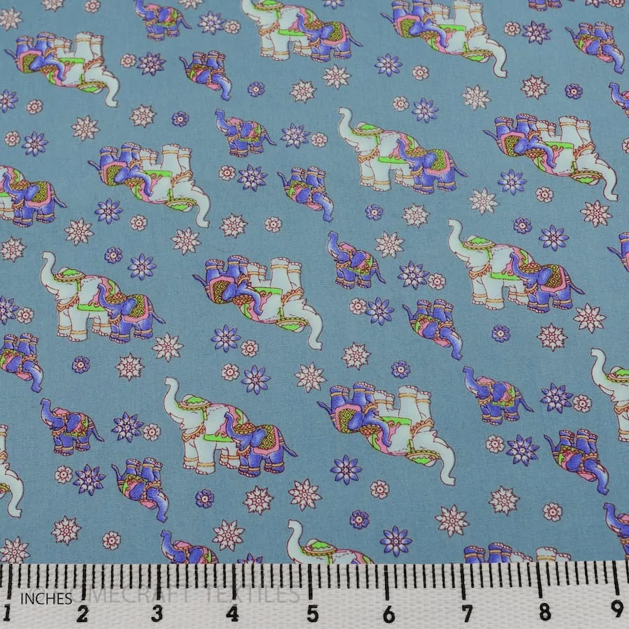 Blue Elephants Animal Cotton Print