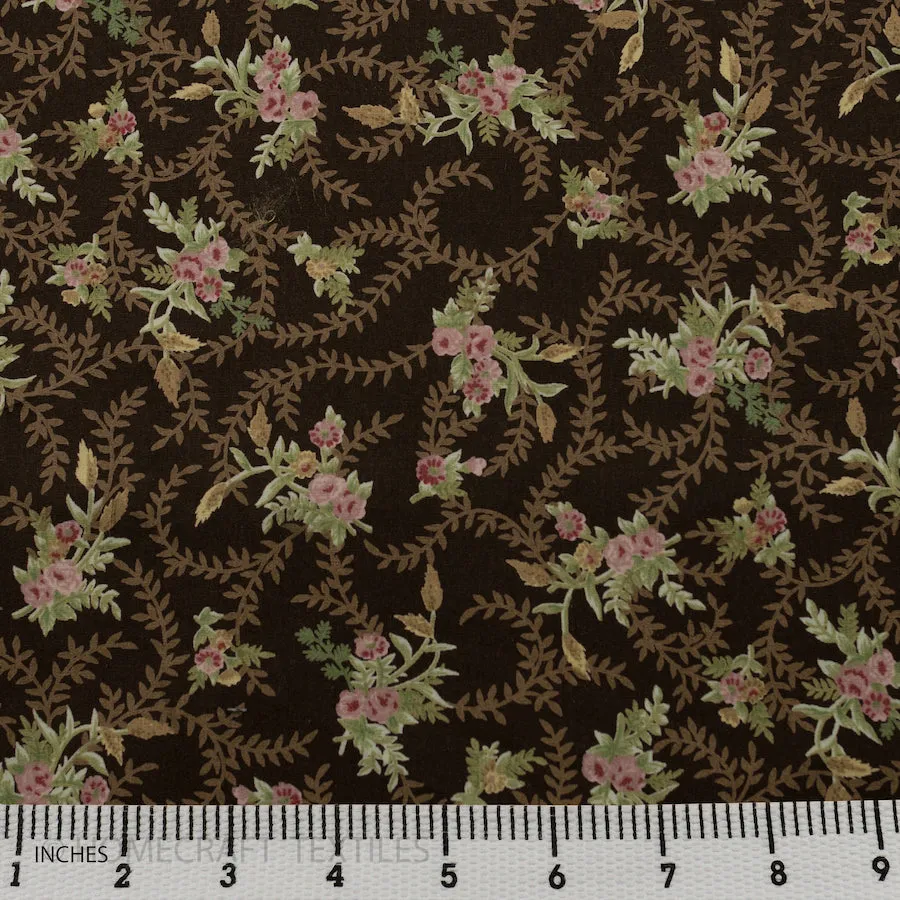 Brown Rose Branches Cotton Print