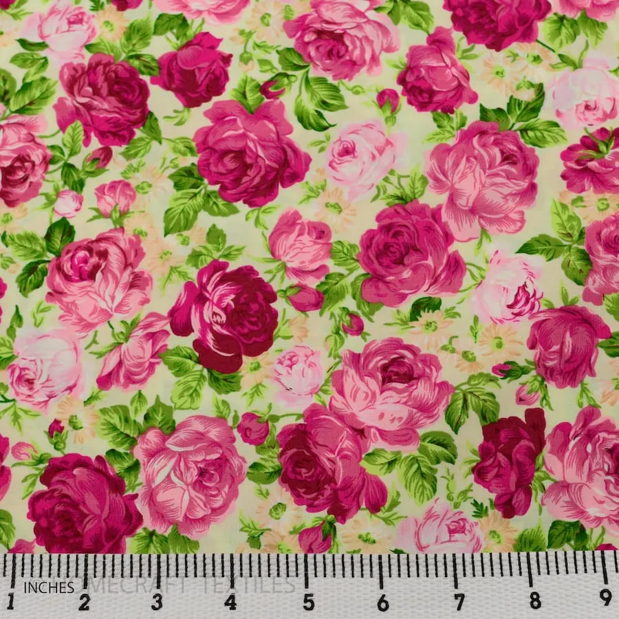 Cerise Pink Large Rose Floral Cotton Print