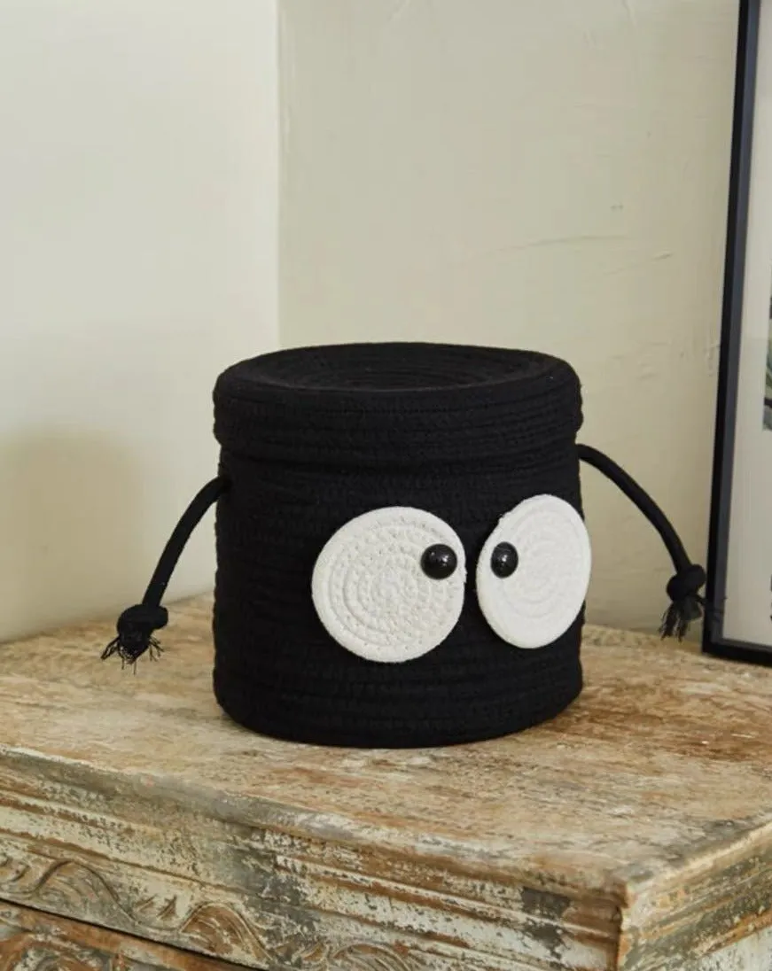 Cute Whimsical Big Eyes Coal Ball Woven Laundry Storage Basket Bag