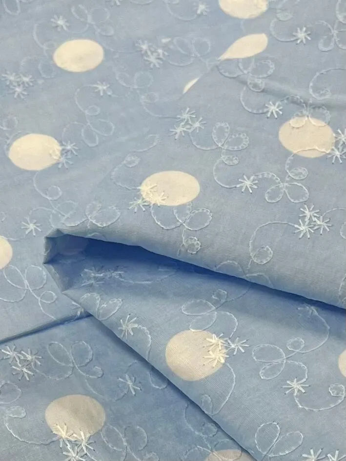 Embroidered Printed Cotton - Baby Blue - 112cm