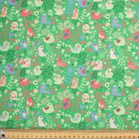 Flowers & Birds Cartoon Collection #05 Multi-Colour Birds on Green Cotton Prints