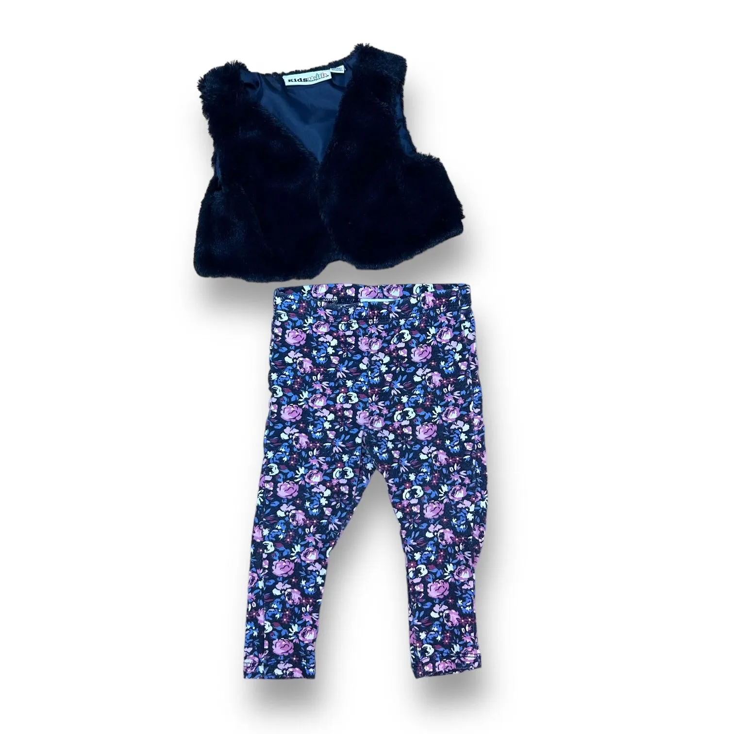 Girls Kids Headquarters Size 2T Navy Faux Fur & Floral 2-Pc Outfit