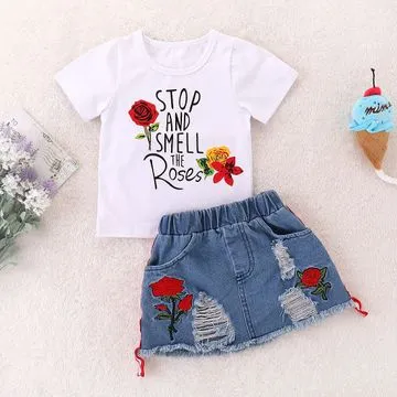 Kids Set Children's Clothes Suit Flower Print Set Top Denim Skirt 2Pcs Toddler Children Outfits Clothing Sets