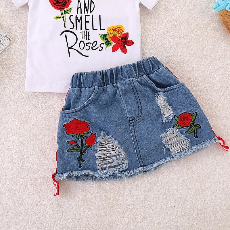 Kids Set Children's Clothes Suit Flower Print Set Top Denim Skirt 2Pcs Toddler Children Outfits Clothing Sets