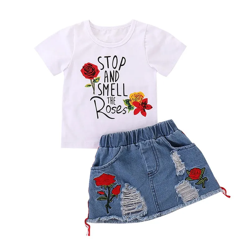 Kids Set Children's Clothes Suit Flower Print Set Top Denim Skirt 2Pcs Toddler Children Outfits Clothing Sets