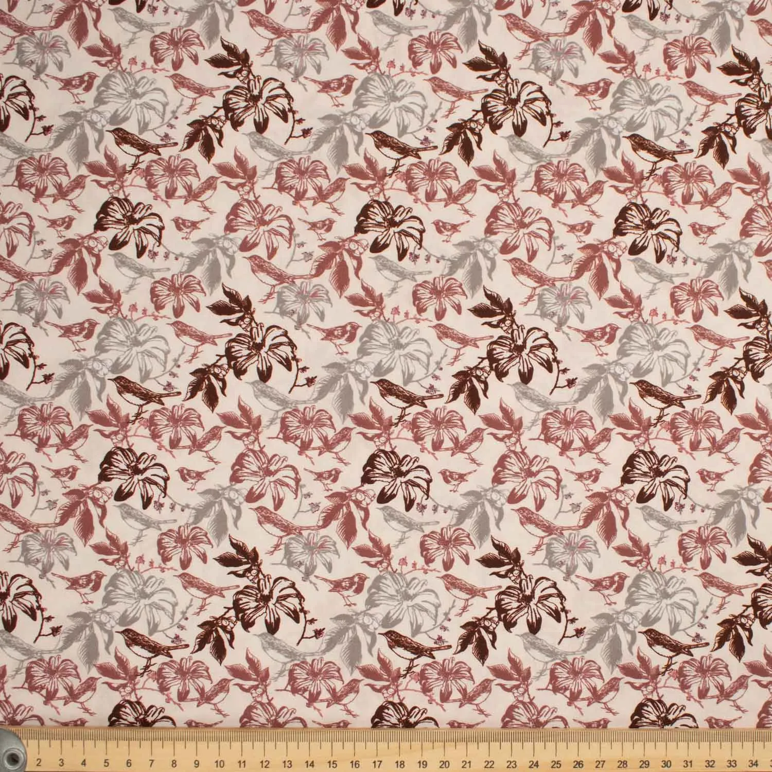 Old World Plants Collection #10 Brown Birds & Grey Leaves on Baby Pink Cotton Prints