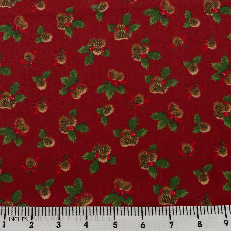 Red Festive Pinecones Cotton Print